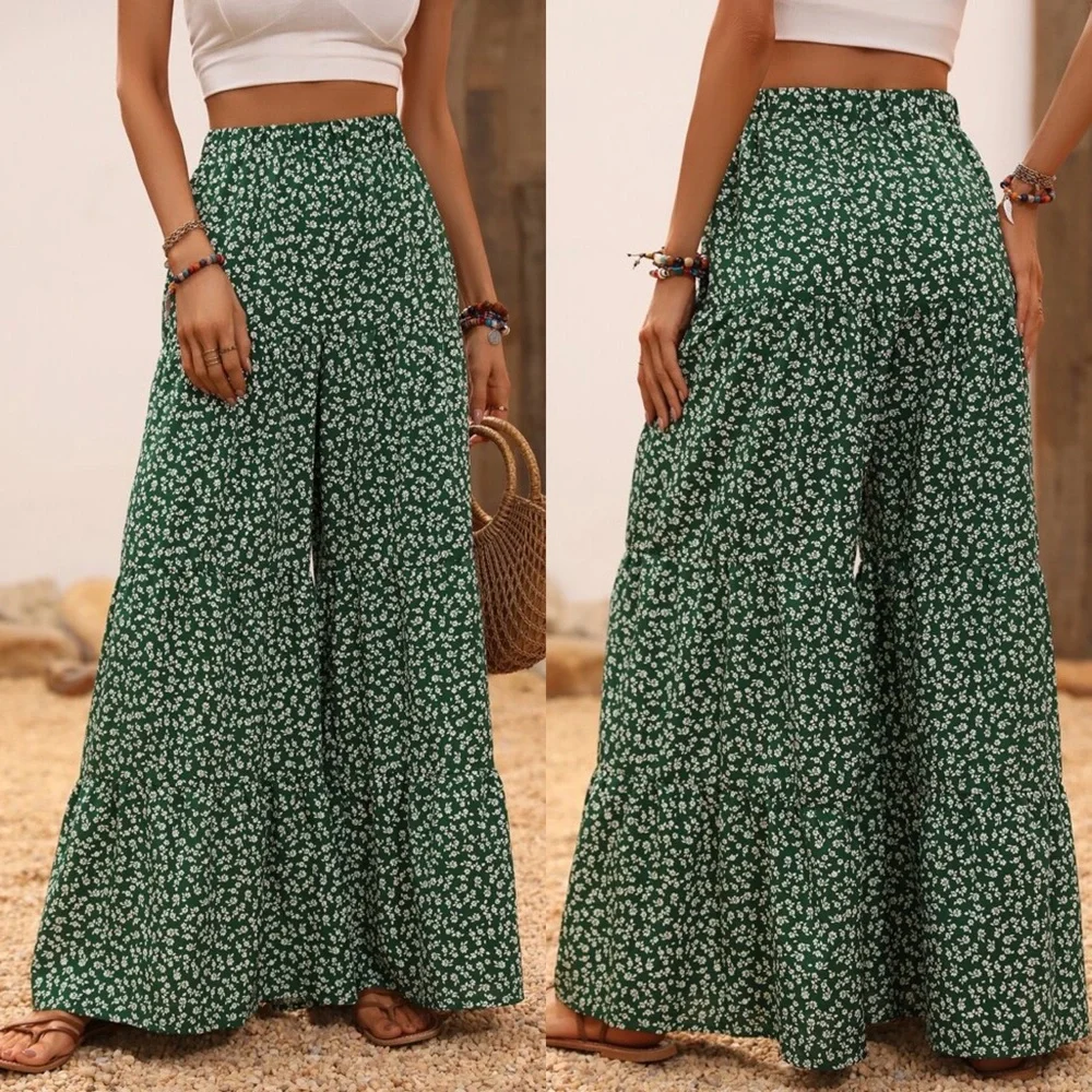 🍃 BOHO GREEN WHITE FLORAL HIGH WAIST WIDE LEG PANTS! - Picture 3 of 6